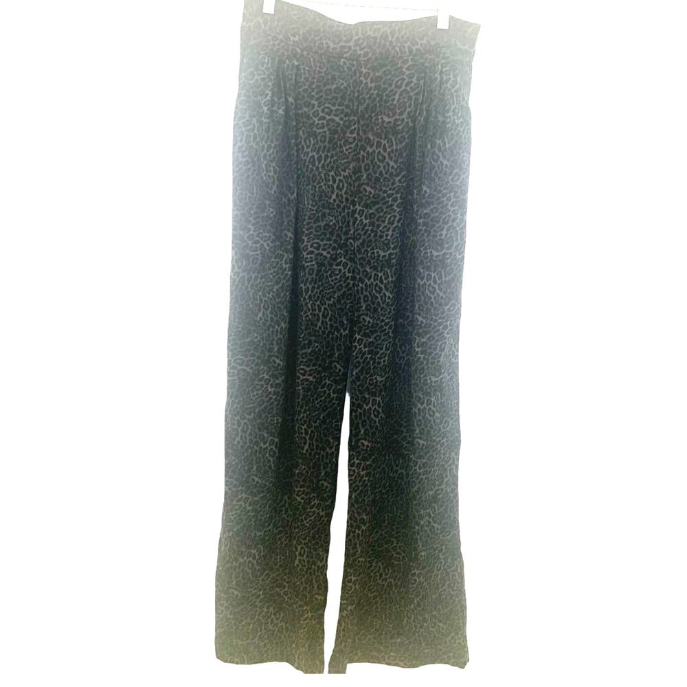 INC Wide Leg Pants 6 Black Leopard Womens High Rise Palazzo Linen Blend Pull On